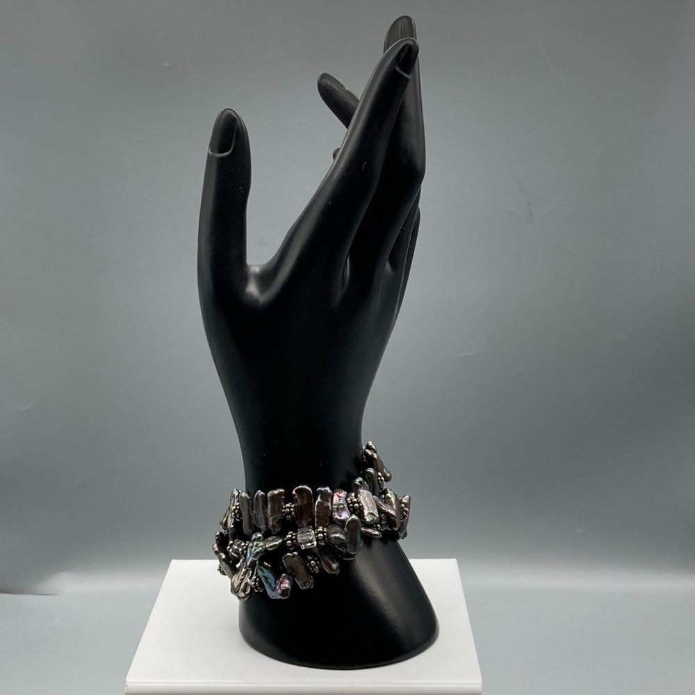 Vintage Triple Strand Biwa Pearl and Cut Crystal Bracelet with Sterling Silver